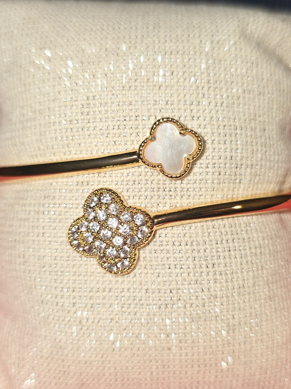 Gold Clover Open Cuff Bracelet with Mother-of-Pearl and Crystal Accents